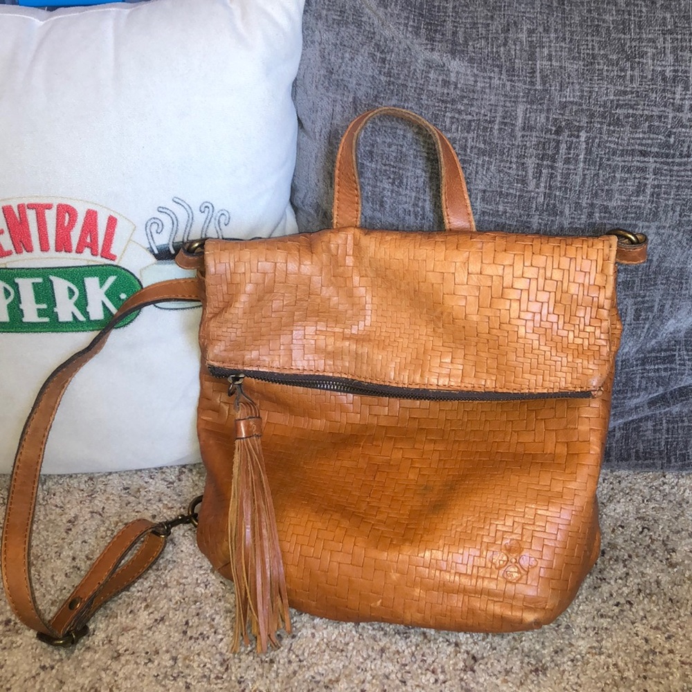 Woven Leather Tassel Crossbody Backpack - Tan